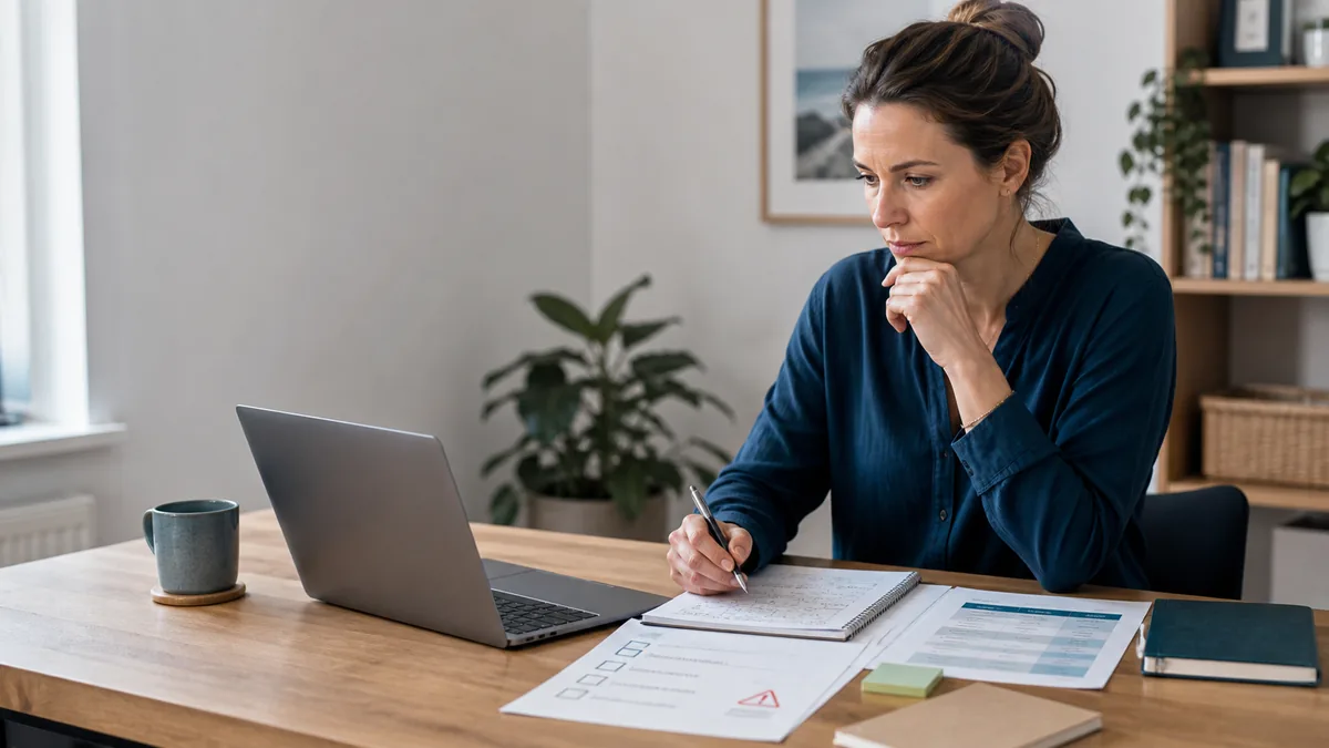 Coach prueft Nachteile und Grenzen einer Onlinekurs-Plattform anhand einer Entscheidungsliste