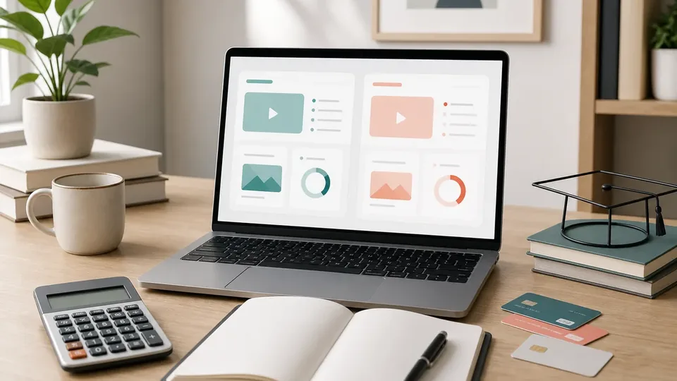 Kursanbieter vergleicht COACHY und Ablefy Kosten mit Laptop, Rechner und Notizbuch