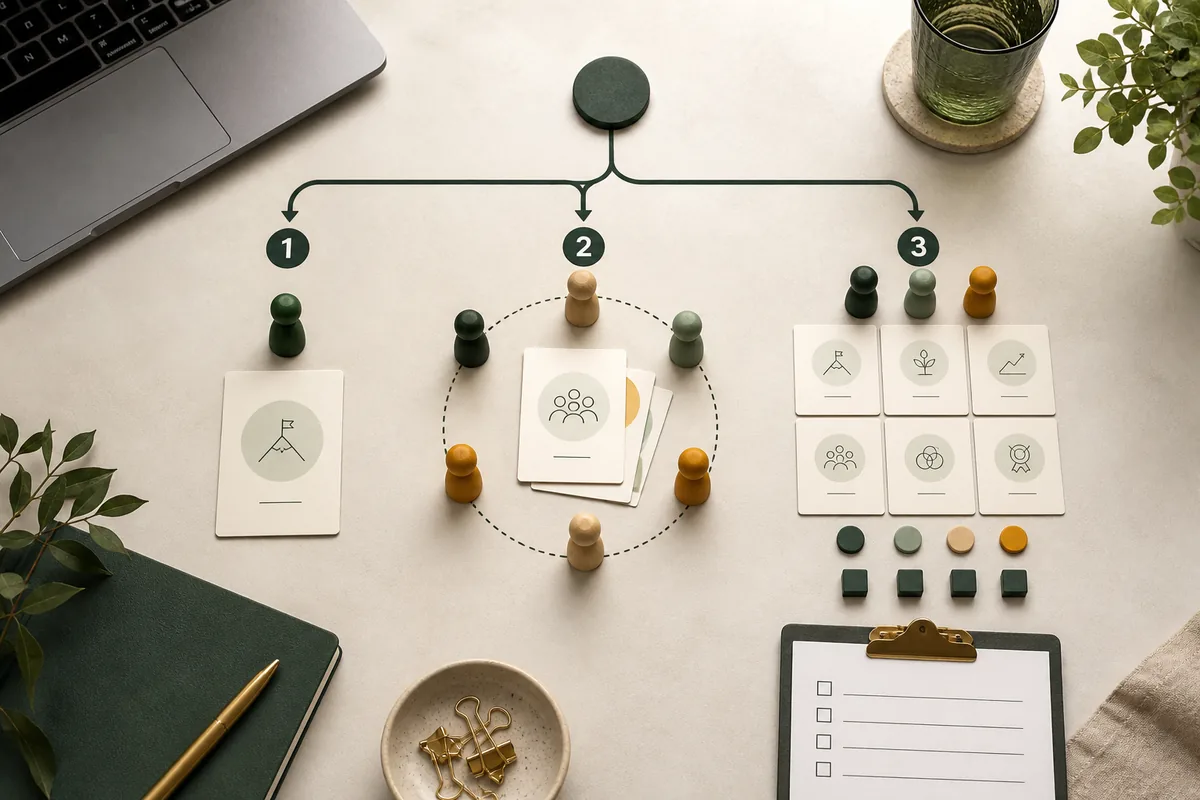 Entscheidungsdiagramm mit drei Coaching-Modellen und Kursmaterialien