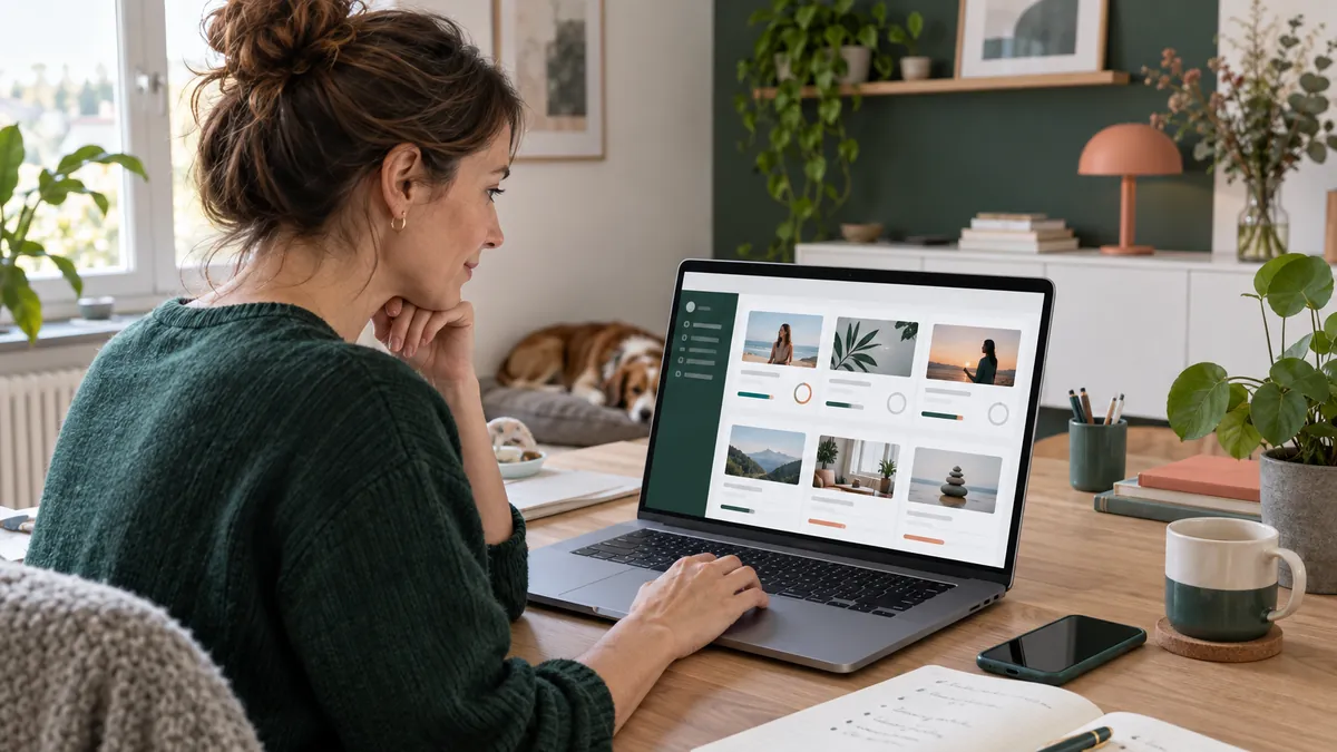Coach prüft auf einem Laptop Beispiele für einen strukturierten Onlinekurs-Mitgliederbereich