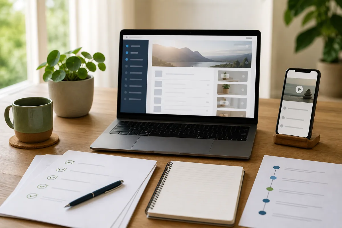Coach prüft die Launch-Checkliste für einen digitalen Mitgliederbereich am Laptop