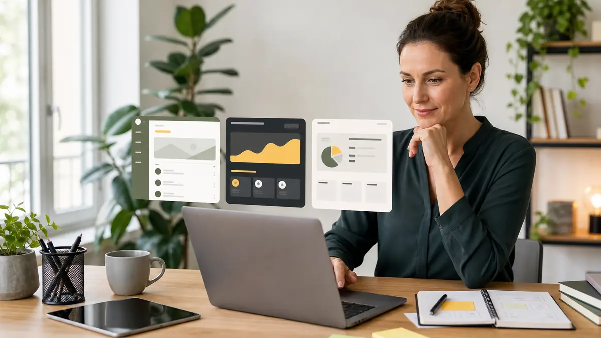 Kursanbieterin vergleicht verschiedene Mitgliederbereich-Software am Laptop