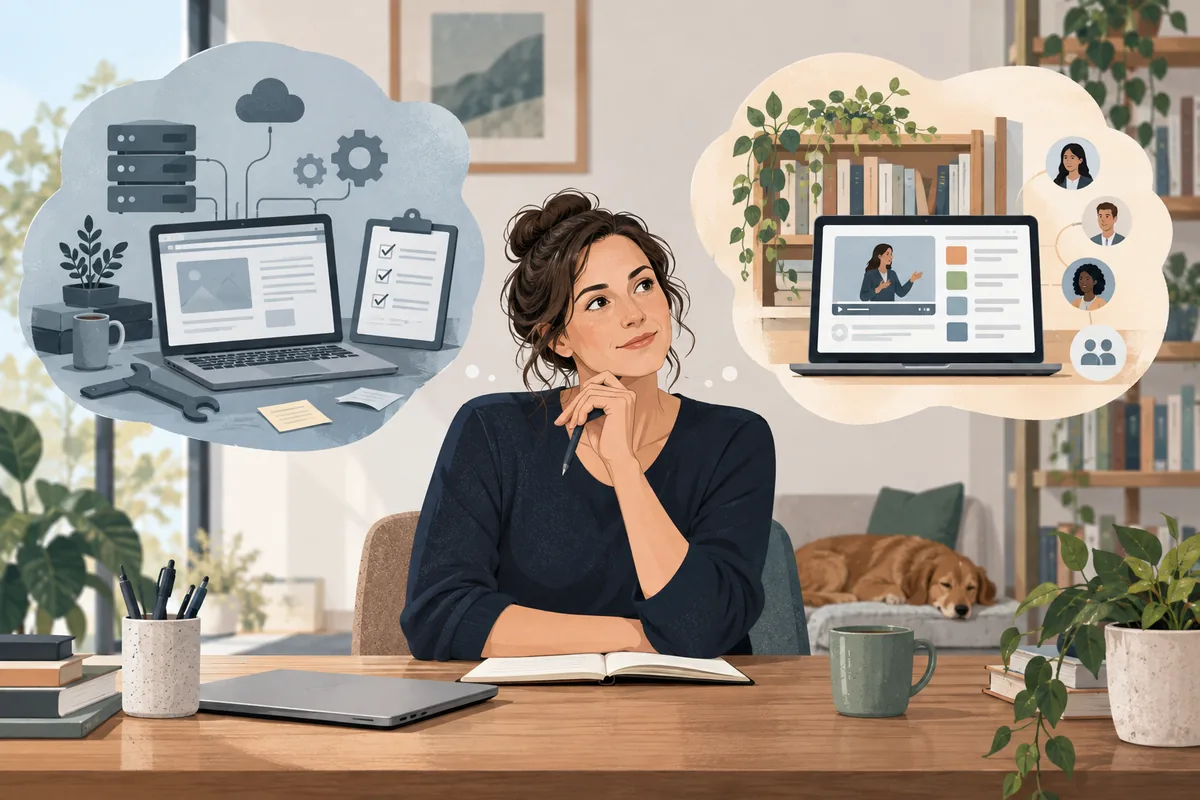 Coach vergleicht einen WordPress-Mitgliederbereich mit einer gehosteten Kursplattform