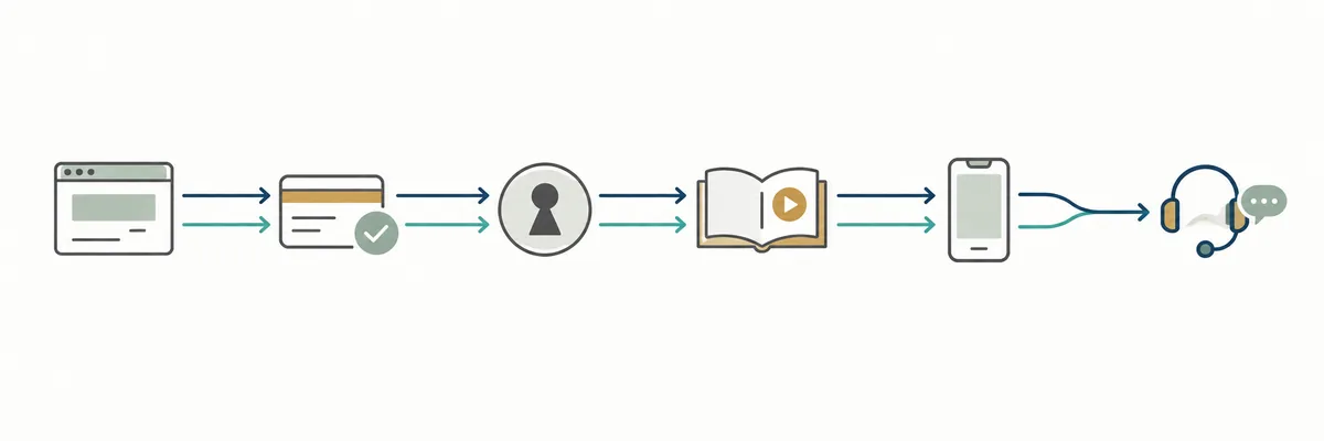 Kundenweg von Landingpage über Zahlung und Login bis zur ersten Kurslektion