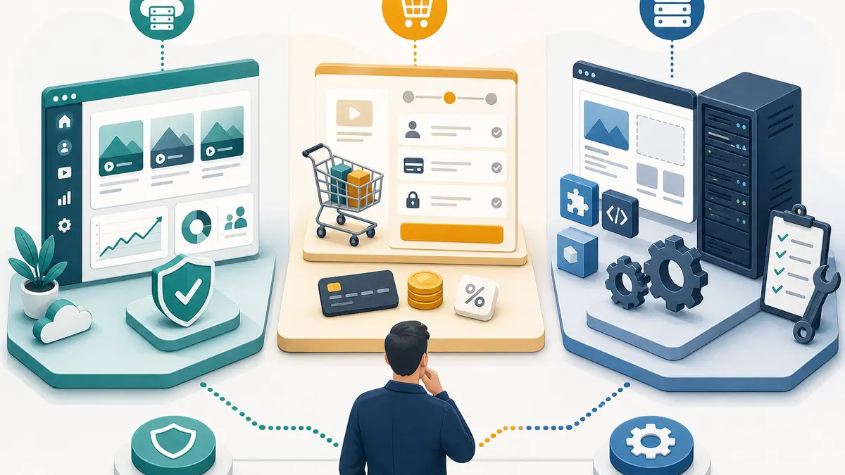 Drei visuelle Modelle für gehostete Kursplattform, Verkaufsplattform und WordPress-Stack
