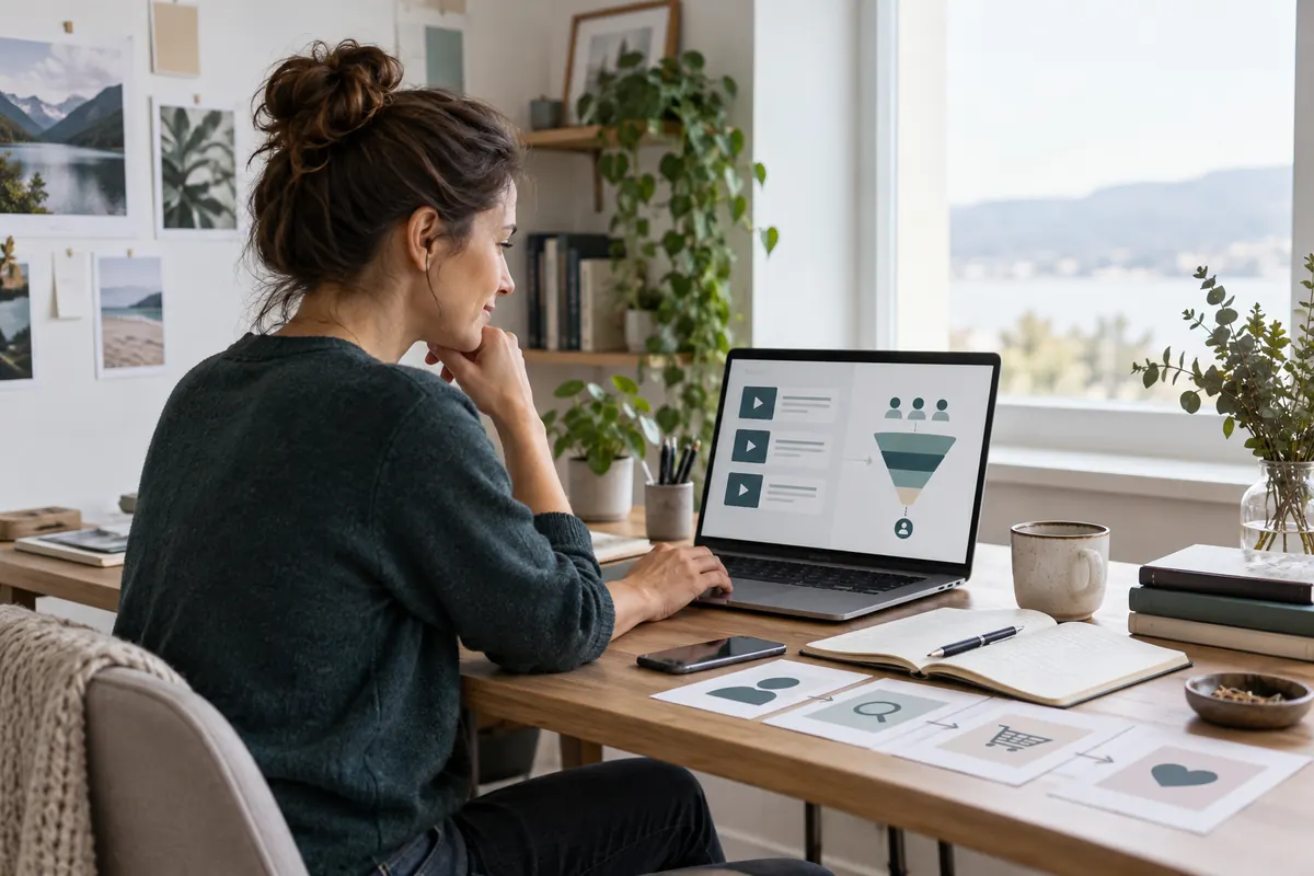 Coach plant am Laptop den Weg von der ersten Kontaktaufnahme bis zum Onlinekurs