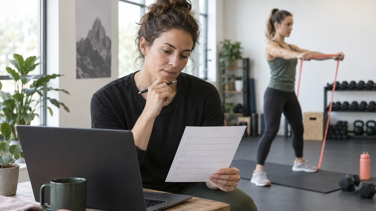 Trainer plant ein digitales Trainingsprogramm mit Kursplan und Übungsband in einem Studio