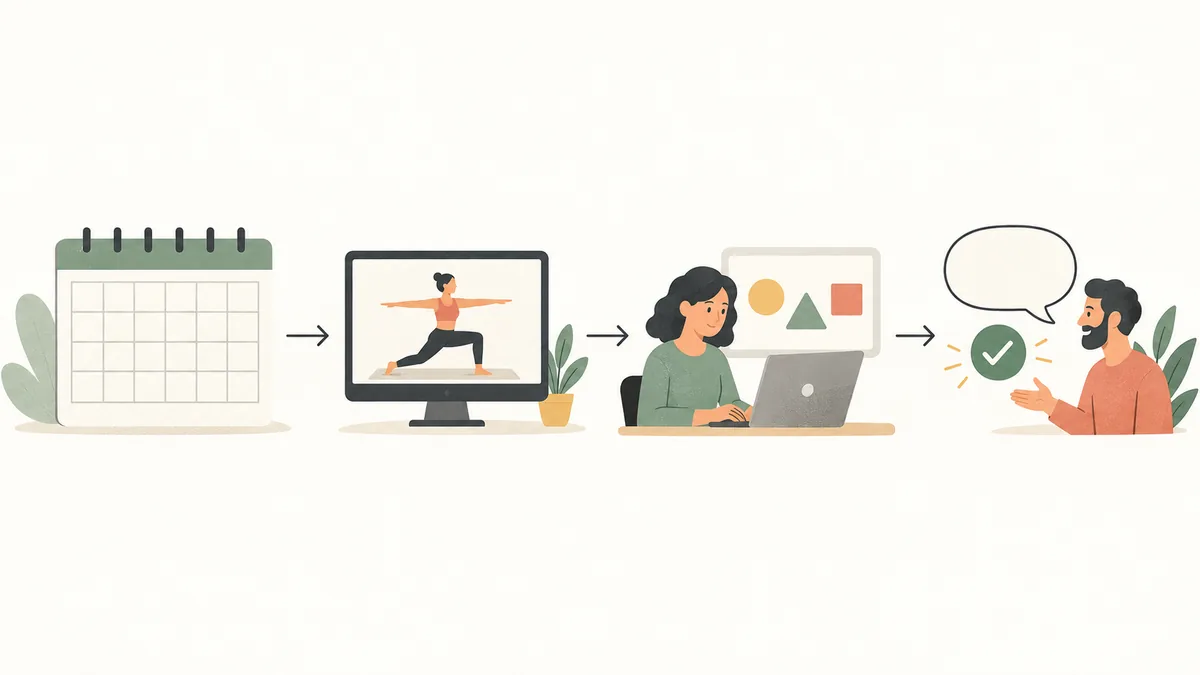 Vier Stationen eines digitalen Trainingswegs: Wochenplan, Übungsvideo, Kurszugang und Rückmeldung