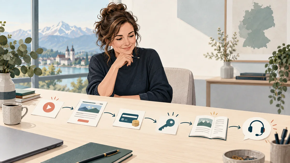 Coach plant den Kundenweg für den Verkauf eines Onlinekurses von der Landingpage bis zum Mitgliederbereich